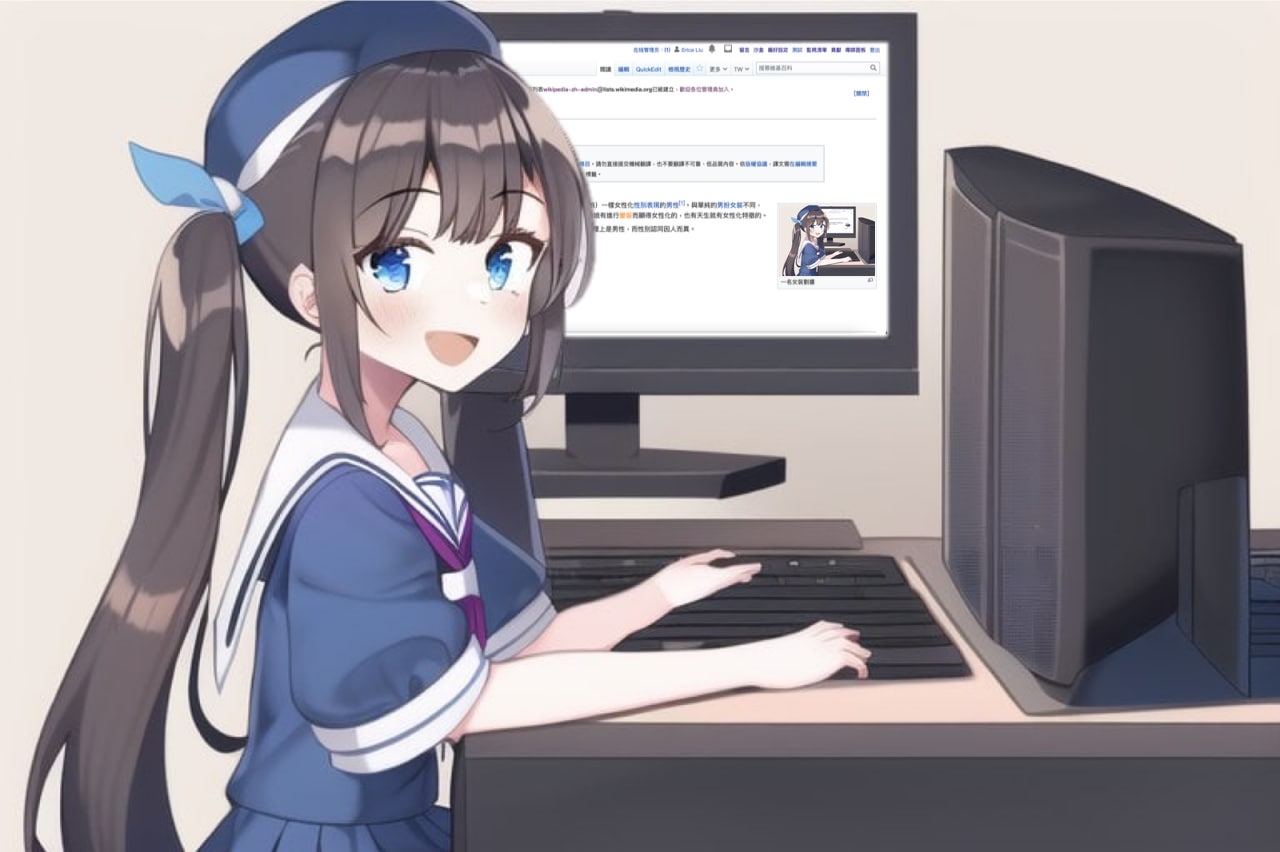 Figure 1: An anime character editing a Wikipedia article on a laptop. Used to represent the research domain — code-switched bilingual TTS.